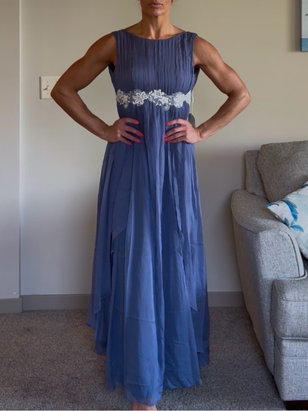 NWT Elegant Sleeveless Blue Maxi Dress with Lace Waist